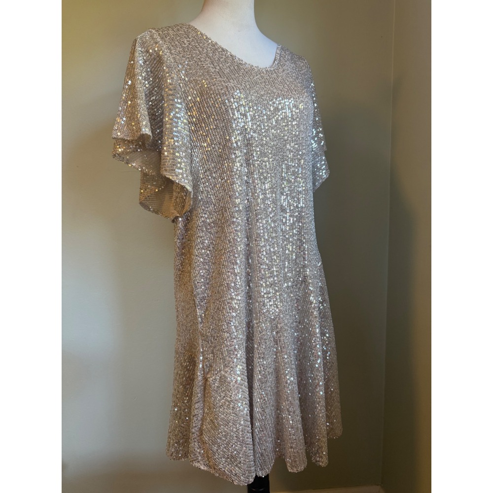 Sequin Dress Champagne Gold Flutter Sleeve Drop Ruffle Large boho whimsi dainty